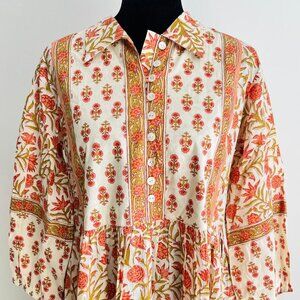 BRAND NEW Hand Block Printed Cotton Midi Dress – Long Sleeve Summer Dress